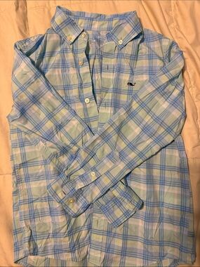 Vineyard Vines Light Blue and Yellow Plaid Button-Down Shirt